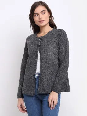 Women Black Round Neck Solid Knitted Regular Fit Cardigan