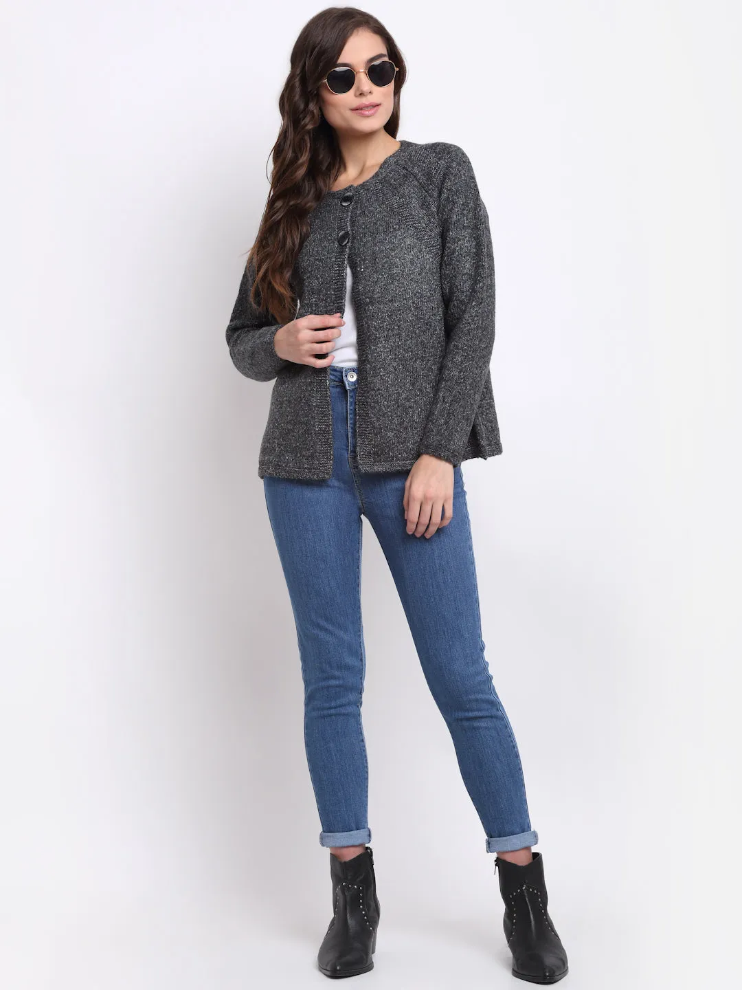 Women Black Round Neck Solid Knitted Regular Fit Cardigan