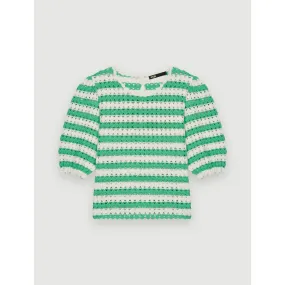 Women Crochet Striped Pullover  - Ecru / Green