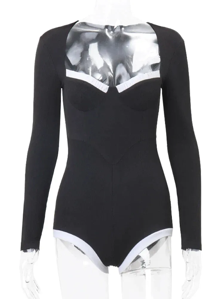 Women  Square Collar Long Sleeve Patchwork Bodycuits