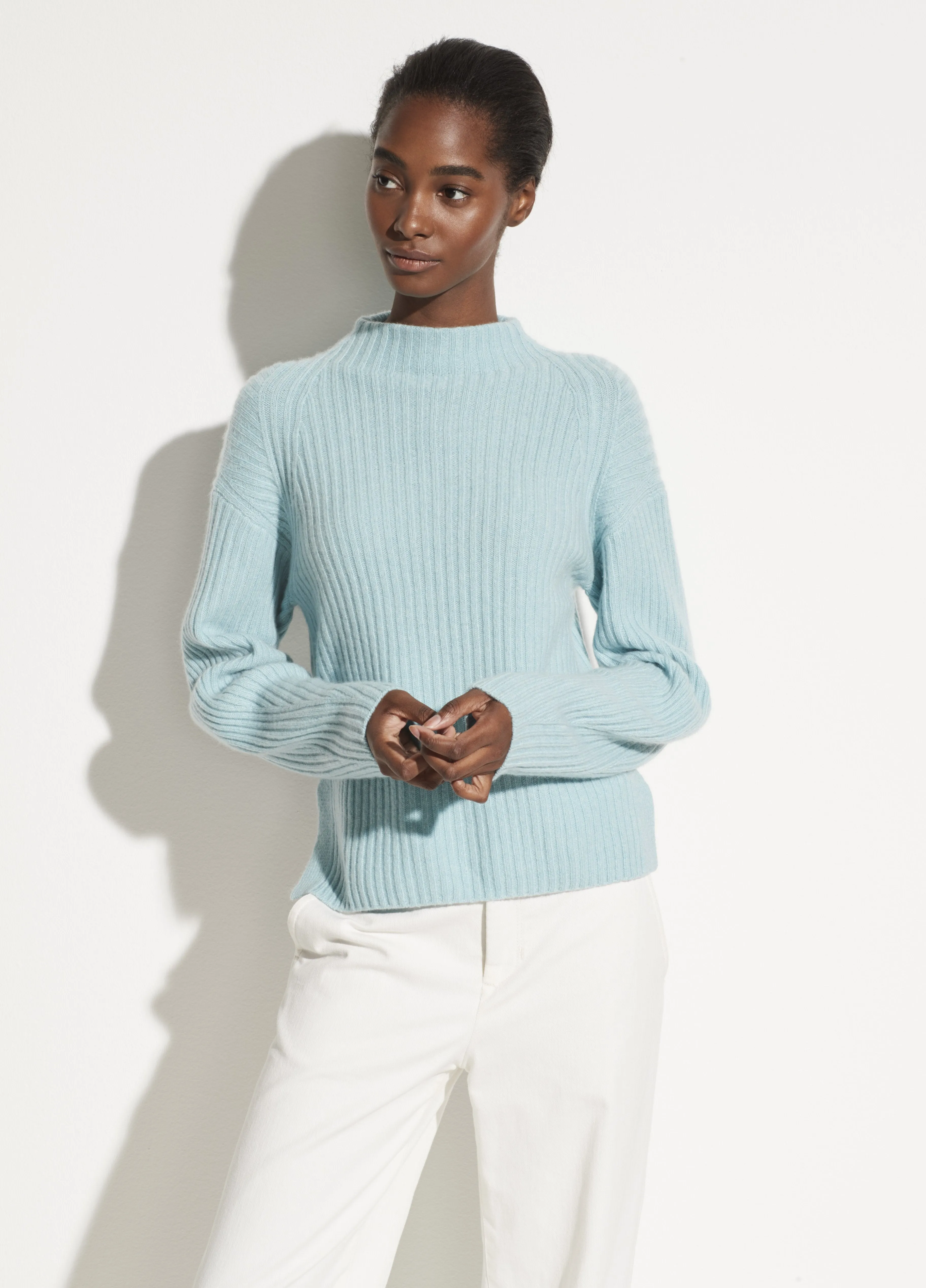 Wool Cashmere Raglan Mock Neck in Blue