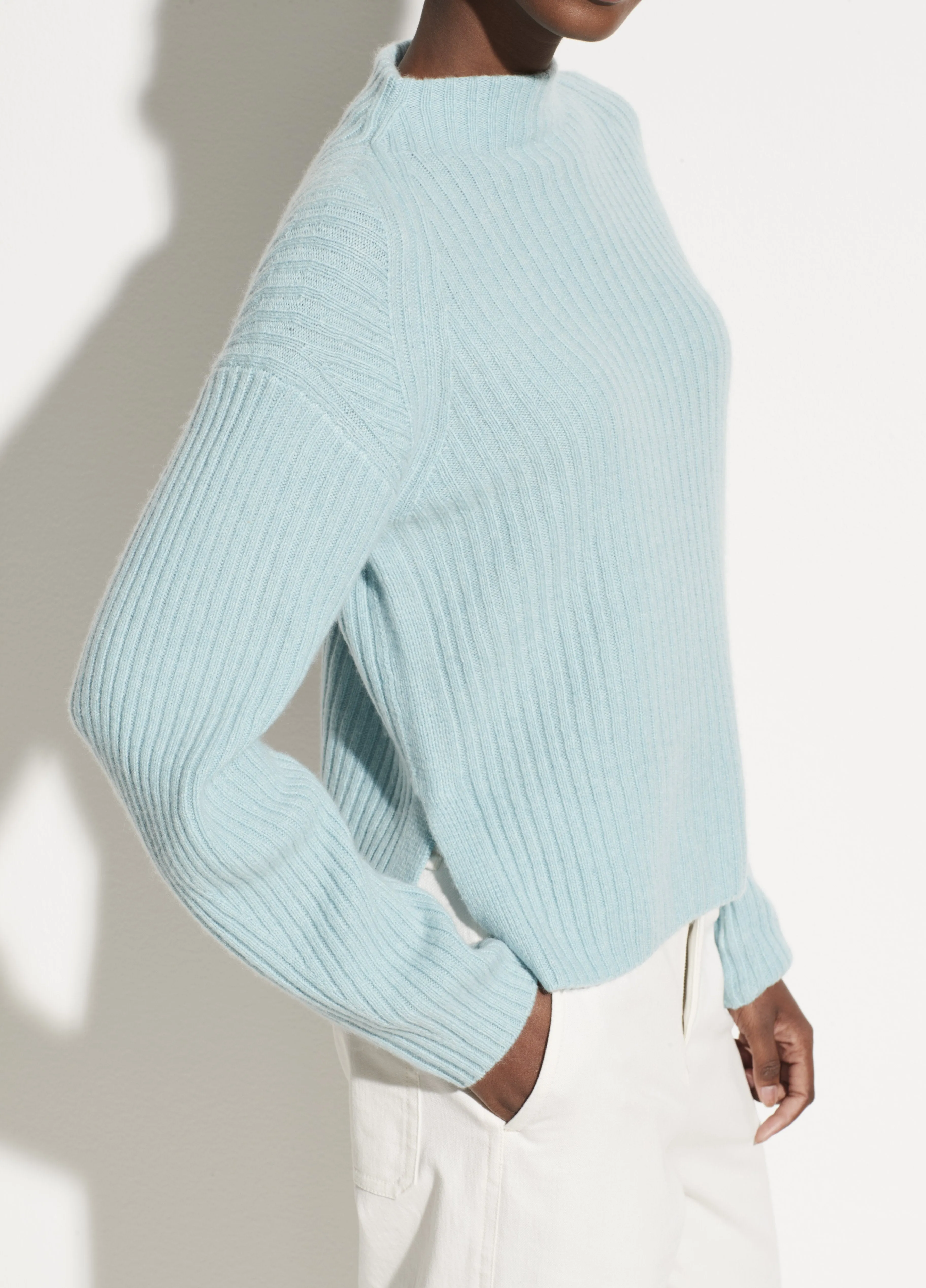 Wool Cashmere Raglan Mock Neck in Blue