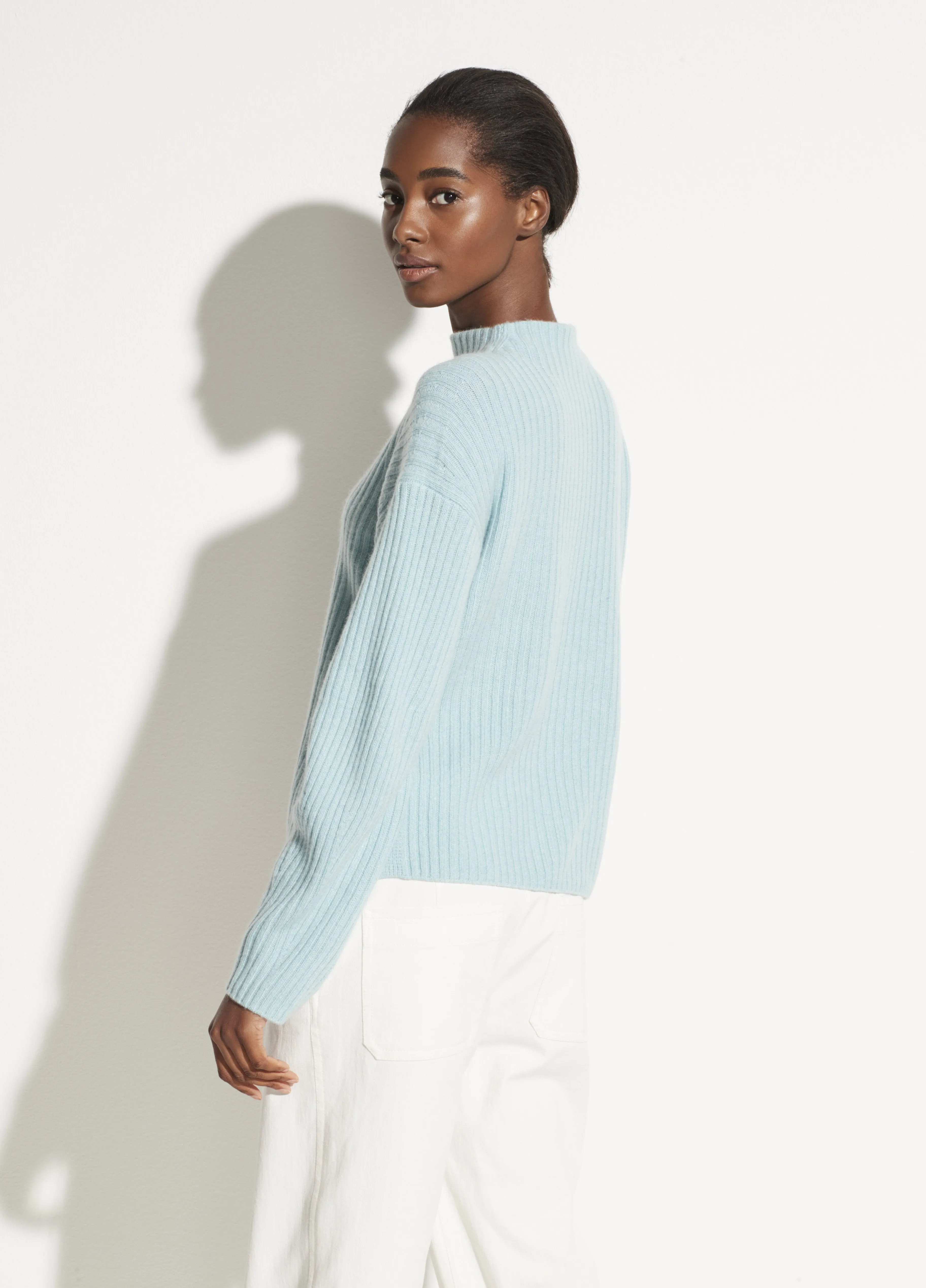 Wool Cashmere Raglan Mock Neck in Blue